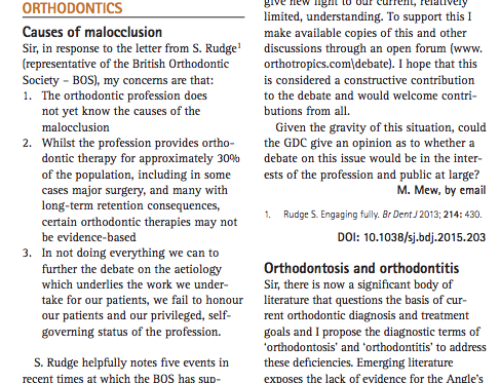 2015/04/27 Letter in BDJ 218, 319 _Orthodontics; Causes of malocclusion_, Dr Mike Mew